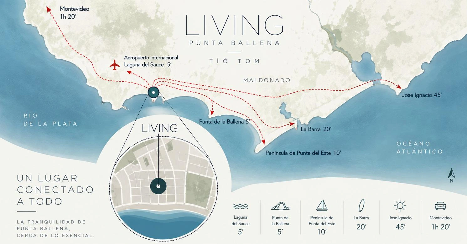 Mapa original del brochure, con ubicación de Living en Tío Tom, Punta Ballena