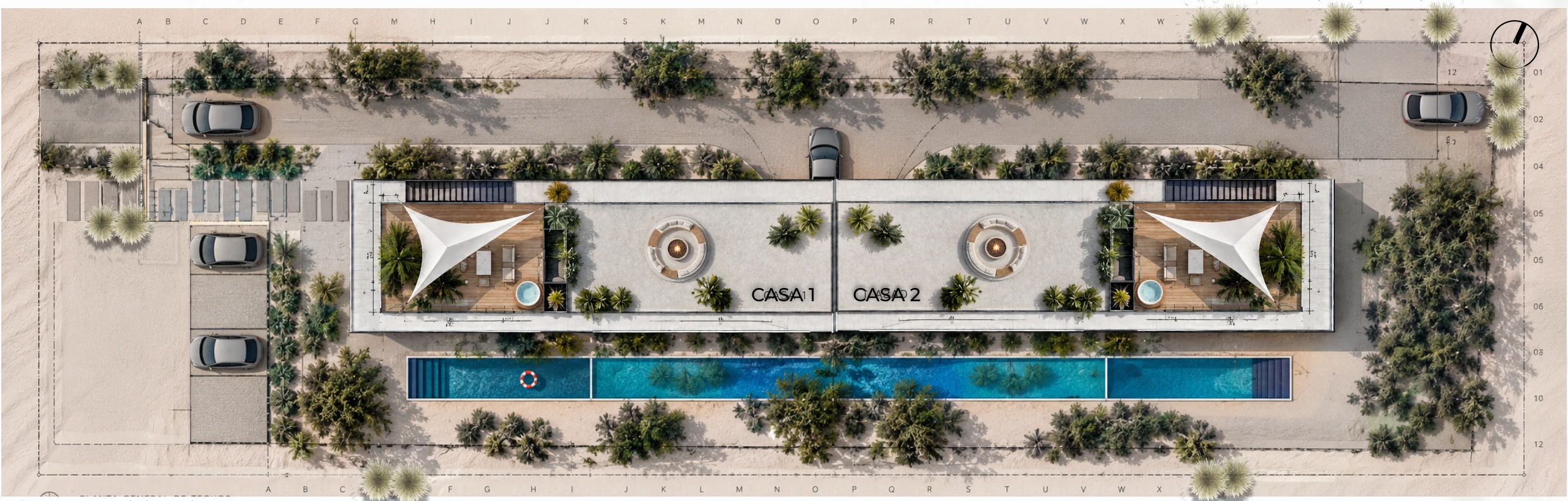 Planta general de techos original del conjunto, con Casa 1 y Casa 2 identificadas en el brochure